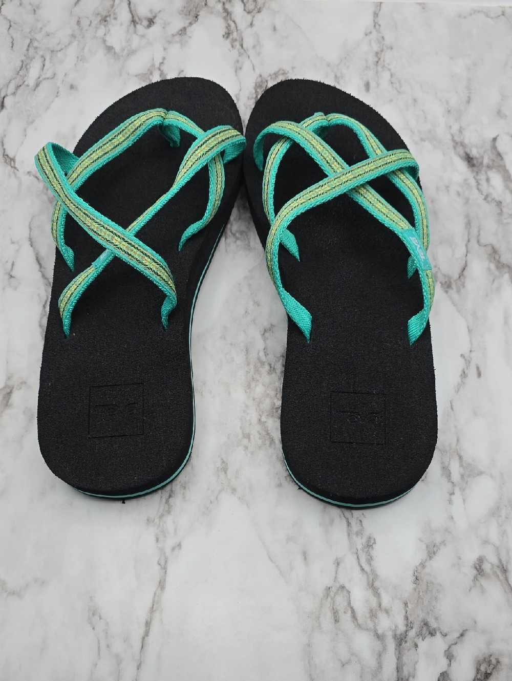 Teva Black Sandal with Teal and Lime Patterned Straps